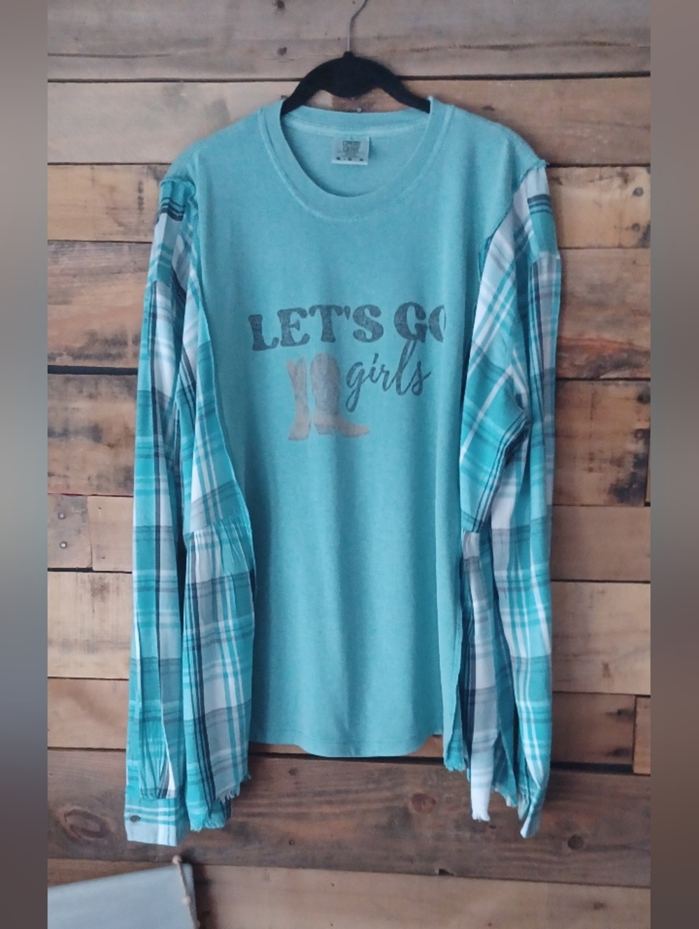 Upcycled Let's Go Girls Plaid-Sleeve Tee - Aqua